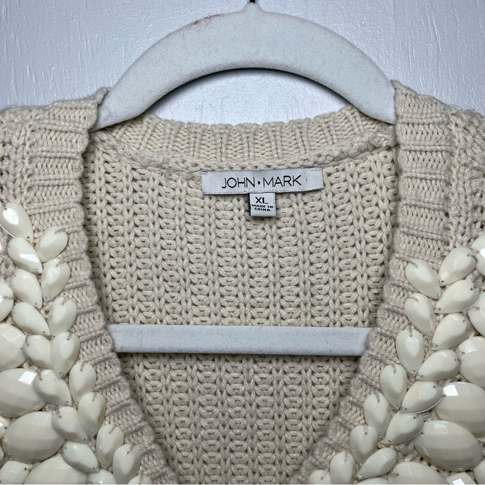 John Mark Cream Knit Sweater with Floral Embellishments Neckline XL - Picture 6 of 9
